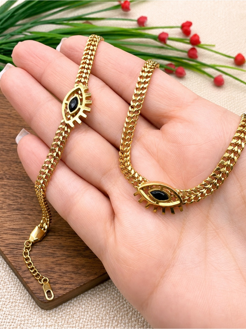 Gold Eye Pendant Bracelet and Necklace Set steel 316L